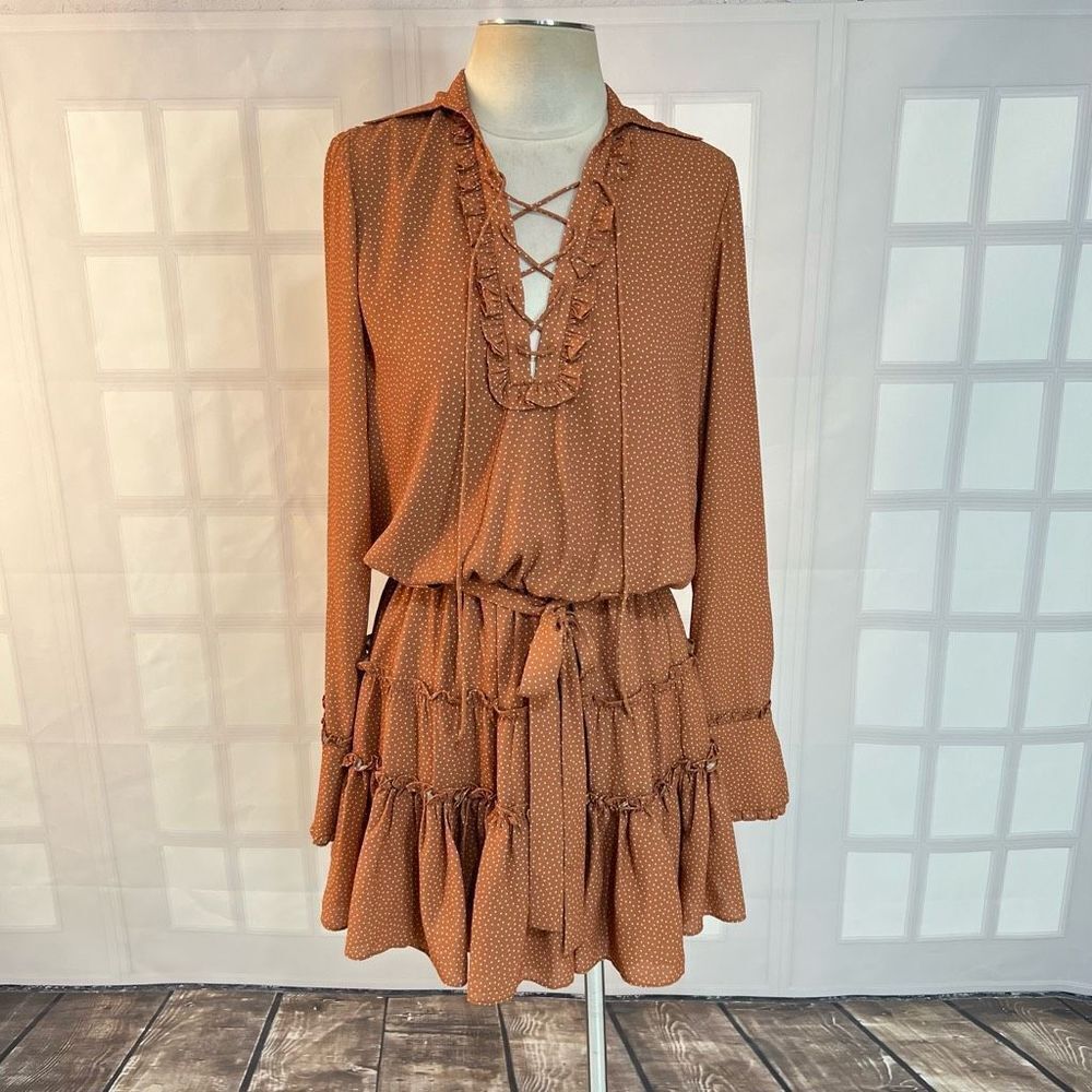 Alexis rozalyn tan spotted long sleeve lace up mini dress size small - Picture 3 of 12